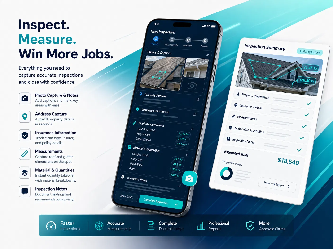 Mobile inspection view with captioned roof photos, field notes, and measurement entry