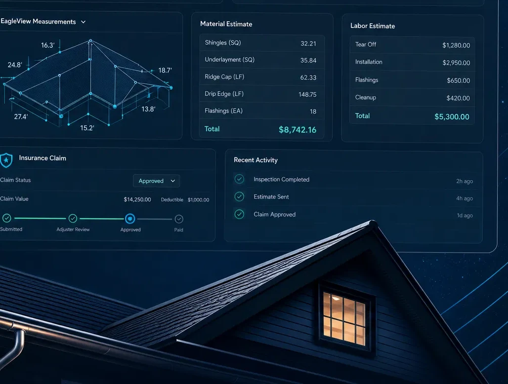 Roof in Motion command center showing roof measurements, a material estimate, a labor estimate, and insurance claim status on one screen